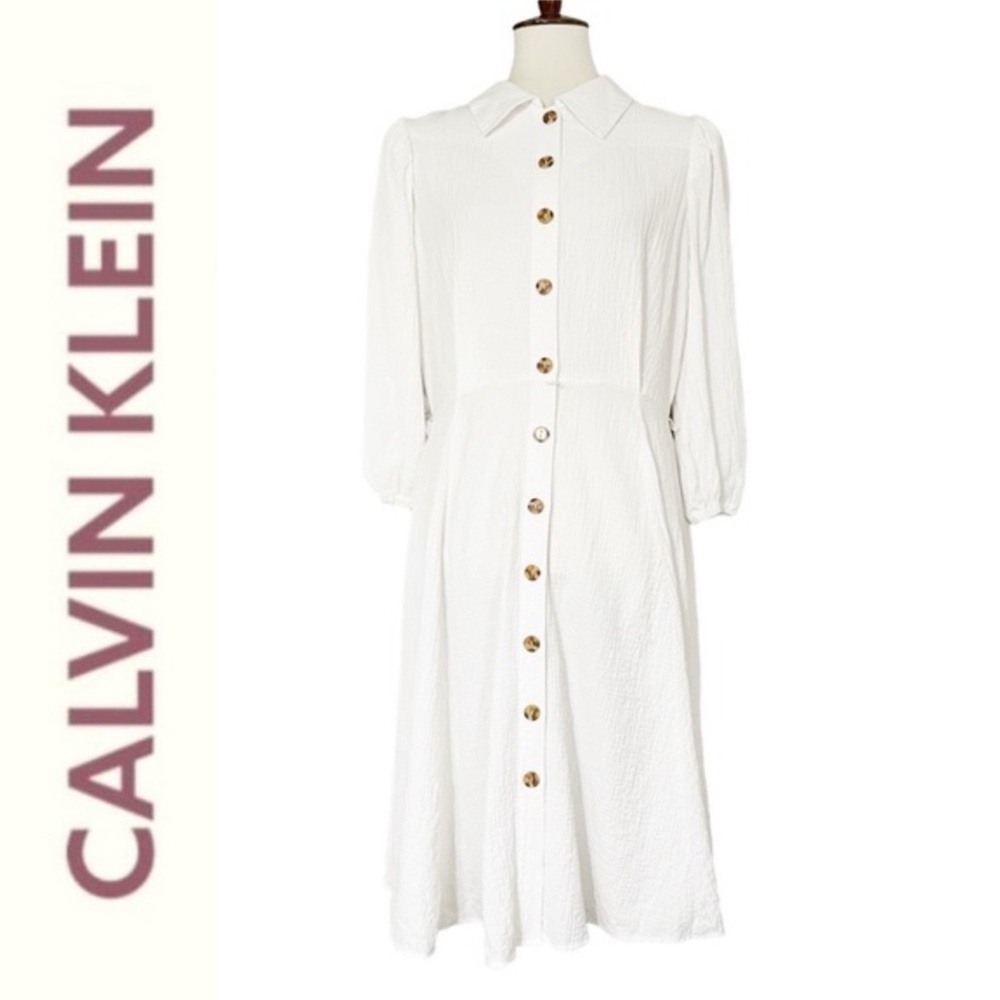 Calvin Klein Dress Button‎ Up Shirt Dress Coastal Core Boho 3/4 Sleeve Lagenlook